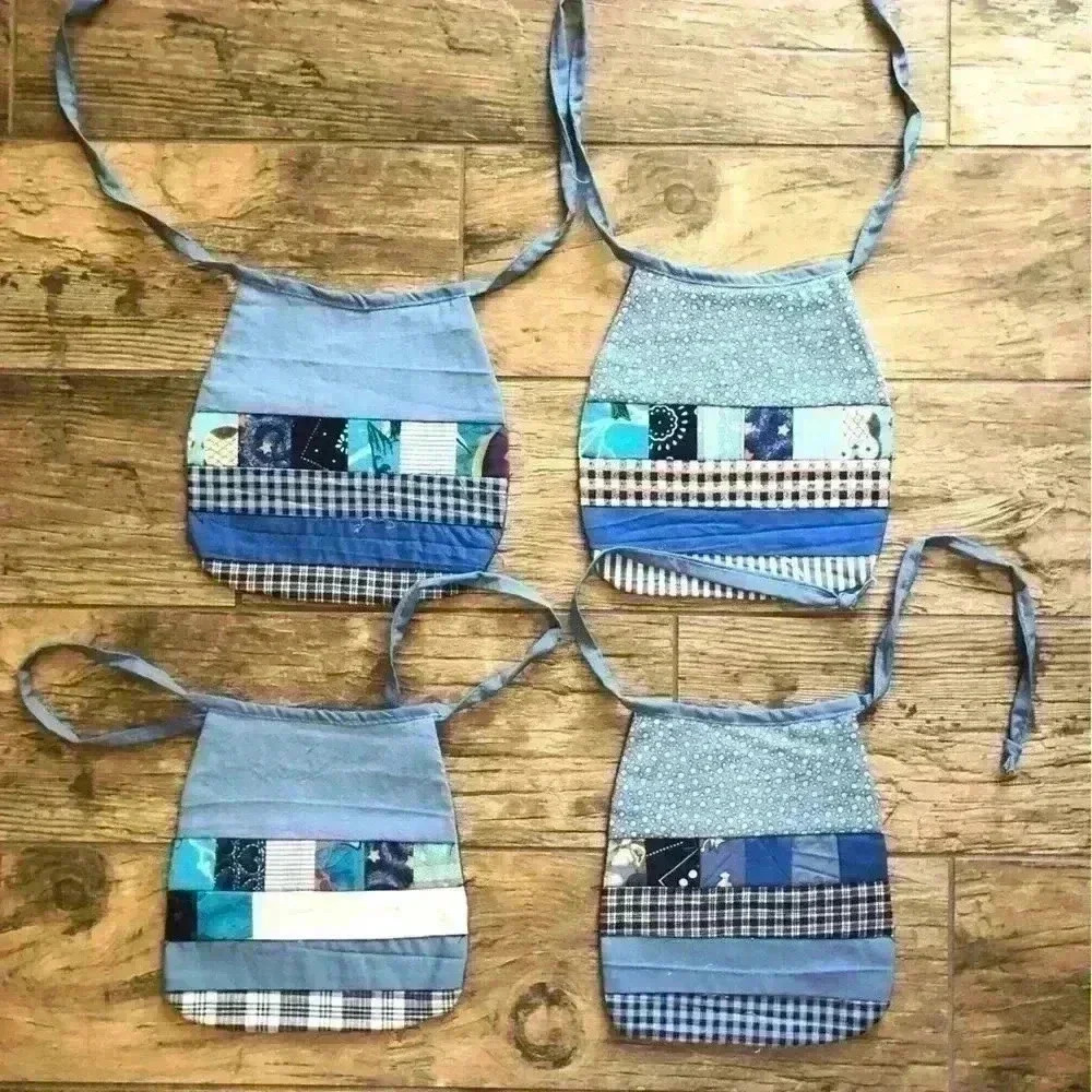LOT OF 4 BABY BOY DENIM UPCYCLED MATERIAL QUILT BIBS